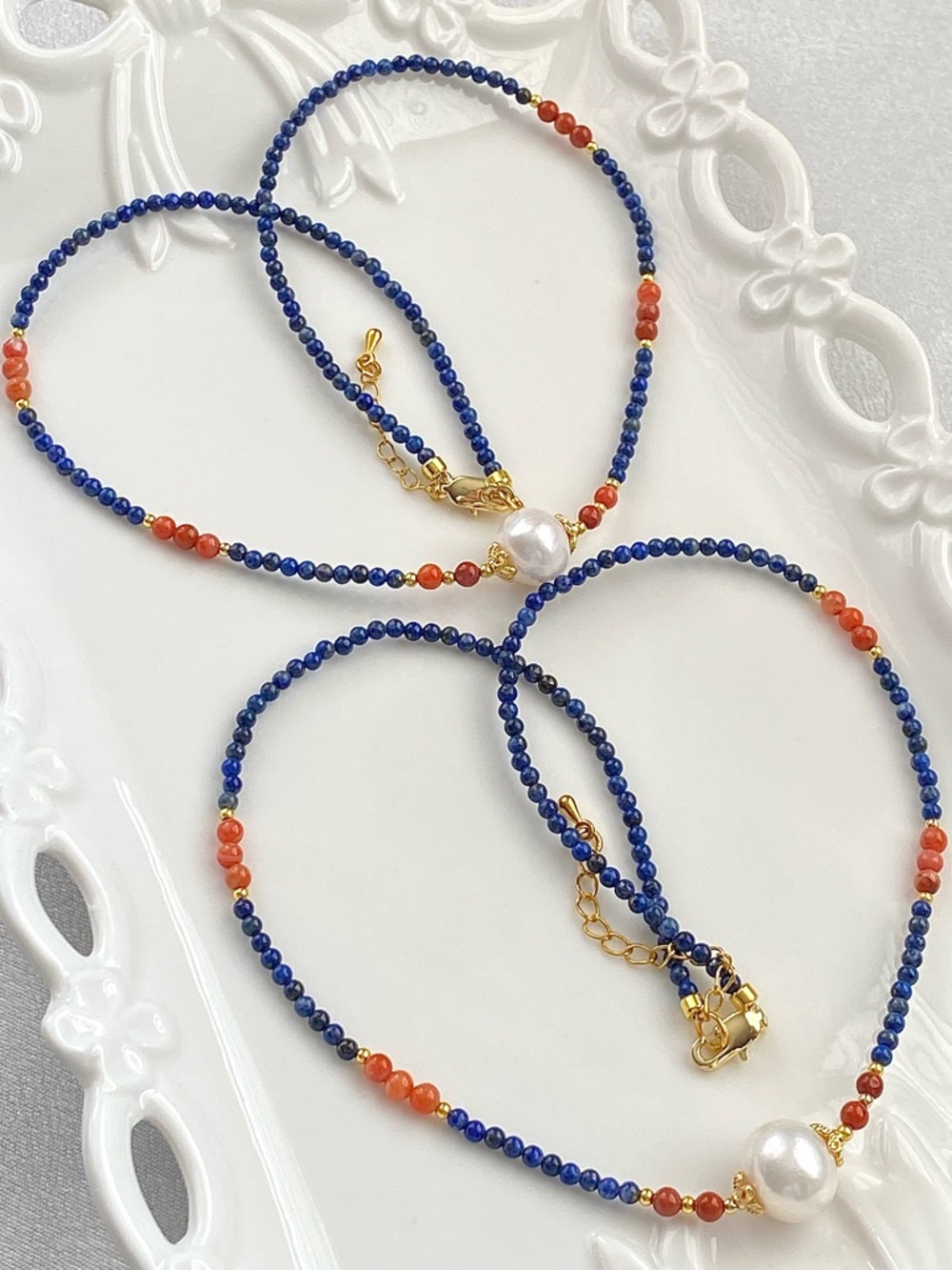 GP59-Lapis Lazuli, Red Agate And Edison Pearl Necklace - Picture 6 of 15
